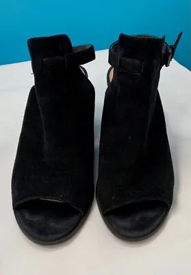 Anthropologie Miss Albright Womens Sandals Black Leather Buckle Wedge Heel 8.5 M • $21.99
