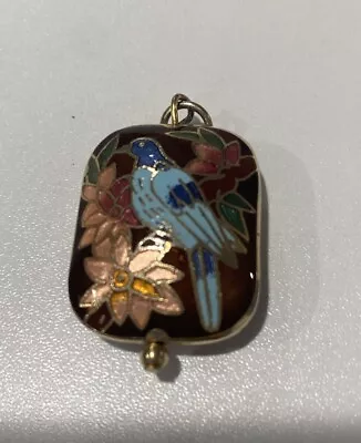 Vintage Bird Pink Flowers Cloisonné Double Sided Puff Pendant Blue Tones • $10