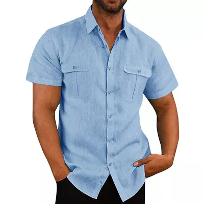 Men Summer Shirt Tops Short Sleeve Lapel Shirt Loose Solid Color Blouse Tops • £8.66