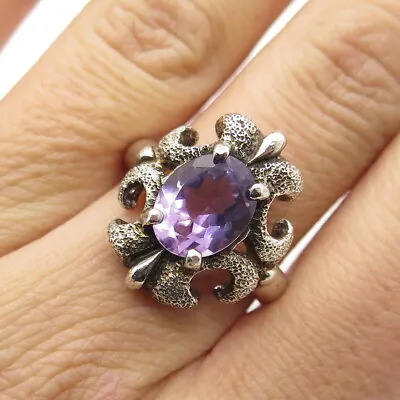 KABANA 925 Sterling Silver Vintage Real Amethyst Floral Modernist Ring Size 8.75 • $54.95