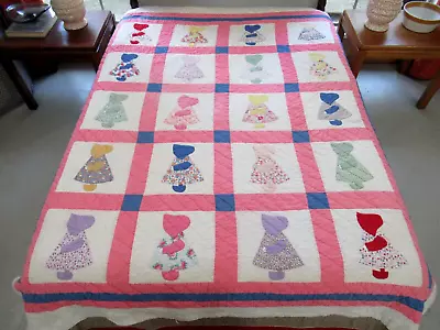 Vintage Feed Sack Hand Stitched & Quilted Applique SUNBONNET SUE Quilt; 89 X76  • $17.50