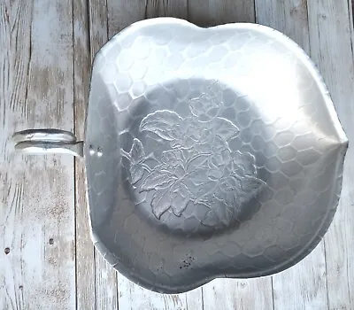 Aluminum Bowl Vintage MCM Forged Dish Leaf Shape Embossed Poppies Handle 7  • $20