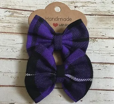 NEW PACK 2 MINI 5cm PURPLE TARTAN FABRIC BOW HAIR CLIP SLIDE GRIP GIRL HANDMADE • £4.50