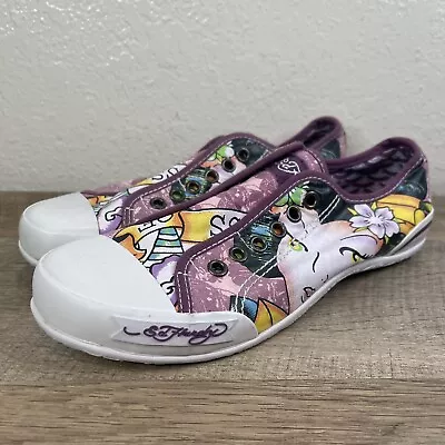 ED HARDY Tattoo Gisha Rose Design Laceless Sneakers  Slip On Women's Sz 6 Purple • £28.91