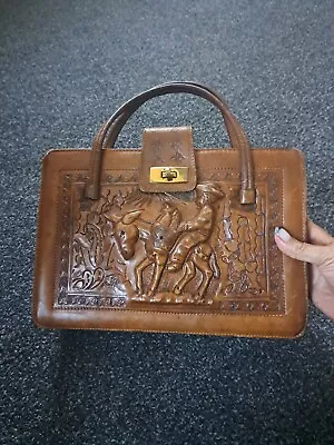 Vtg Mexican Hand Tooled Leather Handbag Purse Floral Design Boho Western Bag • $65