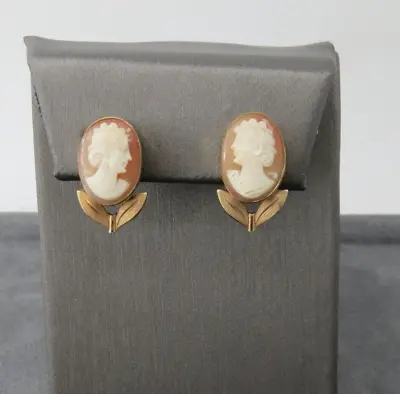 Van Dell 12K GF Cameo Earrings Genuine Shell Carved Oval Screw Back Vintage Leaf • $39