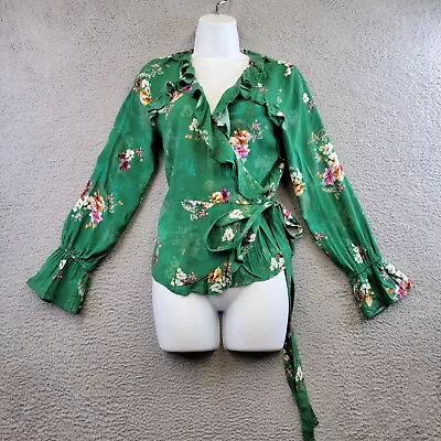 H&M Women’s Wrap Shirt Size 8 Green Long Peasant Sleeve Floral Ruffle Neck • $14.24