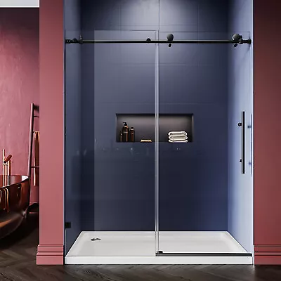 Elegant Frameless Shower Door 60  X 76  Sliding Shower Enclosure Black Brushed  • $650.99