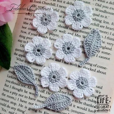 9 Mixed Handmade Crochet White Daisy Flowers Leaves Applique Embellishment Sew • £5.39