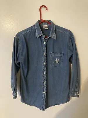 The Disney Store Mickey Mouse Rhinestone Denim Button Up Shirt Size S • $19.58