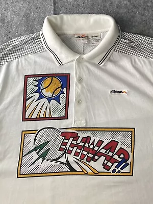 Vintage Ellesse Polo Shirt Medium White Pop Art Tennis Graphic Mercerized Cotton • $29.99