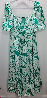 Zara Womens Short Sleeve Green Floral Print Long Cotton Dress Size XL Ruffle Hem • $22.09