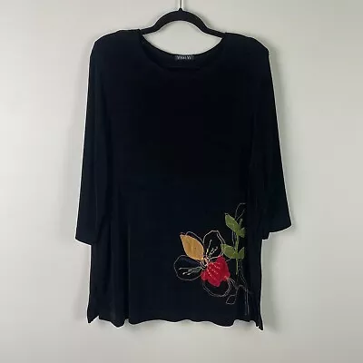 Vikki Vi Slinky Knit Floral Tunic Shirt Size 1X Black 3/4 Sleeves Shoulder Pads • $19.95