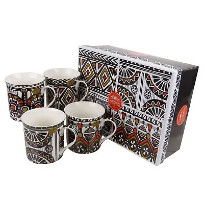 Gift Box Set Of 4 China Mugs/Cups Tribal Design By The Leonardo Collection • £17.99