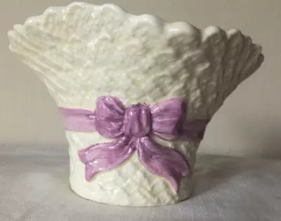 Vintage Falcon Ware Posy Basket Weave Bowl Vase Cream With Lilac Bow • £5.50