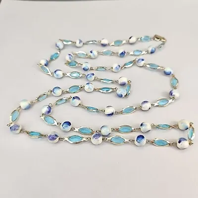 Bead Necklace Vtg Blue Swirl Flapper Long Marquise Round Station 20s Style 49  • $20