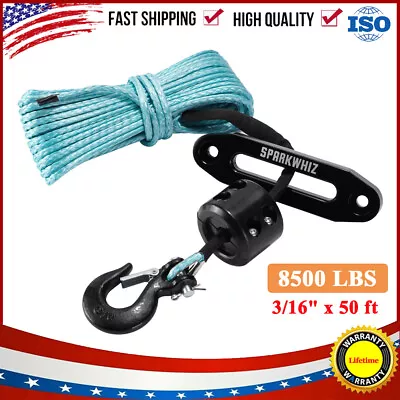 3/16 X 50' Synthetic Winch Rope Cable 8500 Lbs W/Sleeve + Winch Hook For ATV UTV • $35.99