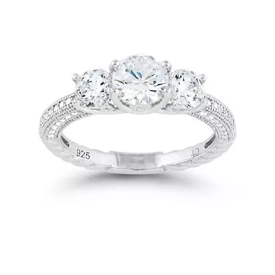 Sterling Silver Triple Center Round CZ With Micro Pave Band Ring • $43
