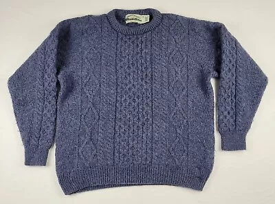 Vintage Arancrafts Navy Blue Irish Wool Cable Knit Crew Neck Sweater Size XL • $49.99