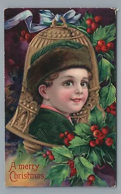 A Merry CHRISTMAS Smiling Boy Fur Cap Bell Holly Vintage 1909 Postcard • $4.99