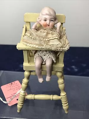 5” Antique German All Bisque Baby Doll In High Chair. Jointed Molded Hair #SF • $60