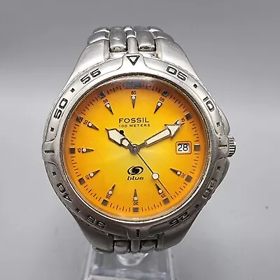 Fossil Dive Watch Men 40mm Orange Dial Silver Tone Date Round AM-3575 New Batt • $29.99