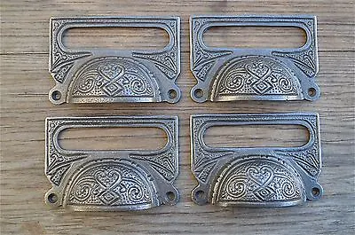A Set Of 4 Large Edwardian Cast Iron Label Frame Handle Filing Drawer Pull Cb10 • £22.39