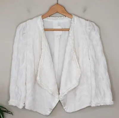 McGinn | Cream Open Front Textured Jacket Blazer Fringed Trim Size Small • $70.40