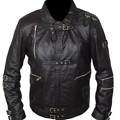 Mens MJ Tour Bad Black Dance Motorcyle Biker Retro Moto Genuine Leather Jacket • $98.14