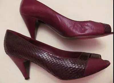 60's ROBERTO NOGUERON Dark Burgundy Wine Open Toe Snake Skin Leather Shoes 7.5 • $36