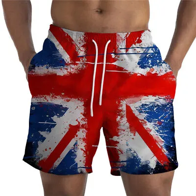 Men Union Jack Flag Print Beach Shorts Swim Trunks Pockets Swimwear Beachwear ; • £9.11