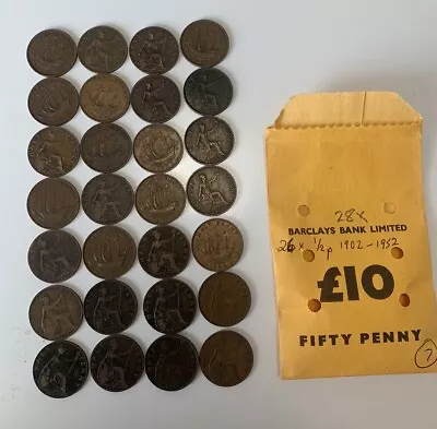 Bundle Of 28x British 1/2 Half Penny Coins Pennies From 1902 To 1959 Copper • £2