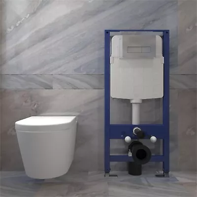 Round Rimless Wall Hung Toilet With Concealed Cistern Frame - Sliver Flush Plate • £248