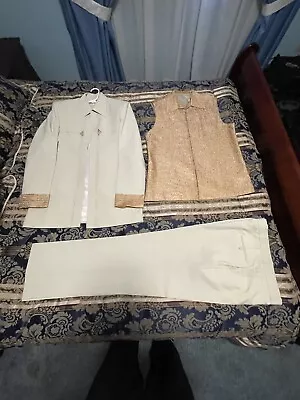 3 Piece Cream Gold Traditional Indian Jodhpuri Suit Sherwani For Men Size 40 • $125