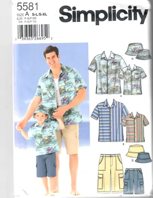 Simplicity Sewing Pattern Shirt Shorts Hat 5581 Mens: S-XL Boys:S-L Matching Set • $14.95