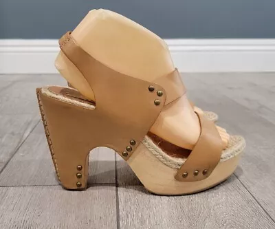 MAX STUDIO Wiles Tan Leather Wooden Platform Slingback Heels Sandals 8.5M • $27.99