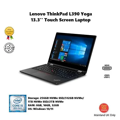 Lenovo ThinkPad L390 Yoga 13.3'' TouchScreen I5-8265U 2TB NVMe SSD 64GB Laptop • £329