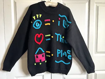 Vtg Gitano 3D Sweater Womens L Funky Artsy USA Multicolor 80s  I Luv This Place  • $23