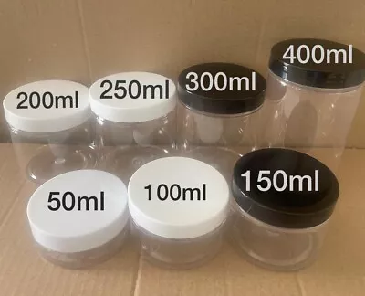 £39.65 • Buy 50ml100ml150ml 200ml 250ml 300 & 400ML PET PLASTIC STORAGE JARS LIDS PET TUB UK