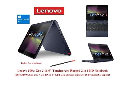 Lenovo 500w Gen 3 11.6  Touchscreen Rugged 2 In 1 Laptop Notebook 4GB 64GB Win10 • $218.09