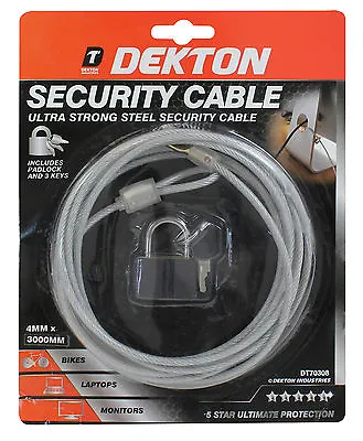 Dekton Security Cable 3m Safe Steel Padlock Lock Bike Cycle Monitor Laptops • £5.39