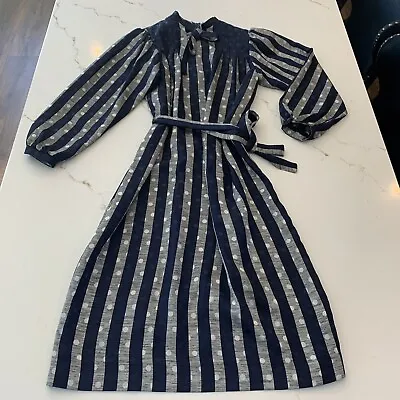 Vintage 60’s Long Sleeve Satin Blue & Silver Striped Polka Dot Dress Size 12 • £57.90