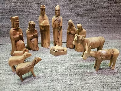 Vintage Hand Carved Olive Wood 13 Piece Nativity Set By Bethlehem Handicrafts • $50