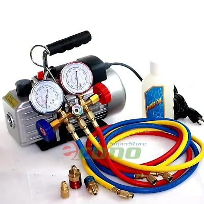 Deluxe Auto Refrigerant Manifold Gauge Set & 3 CFM Vacuum Pump 5ft HVAC Hoses • $119.99