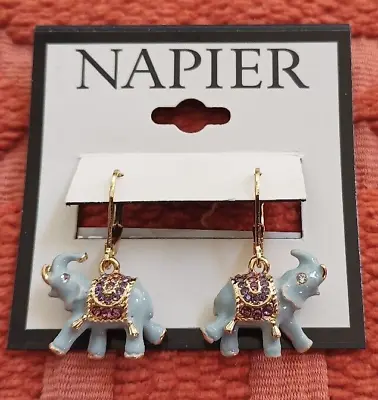 New Napier Gold Tone Elephant Drop Leverback Earrings • $17.87