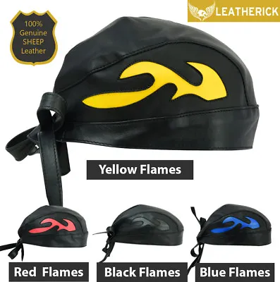 Black Biker BANDANA Leather Cap Flame Style Head Wrap Doo Du Rag Skull Cap Scarf • £8.99