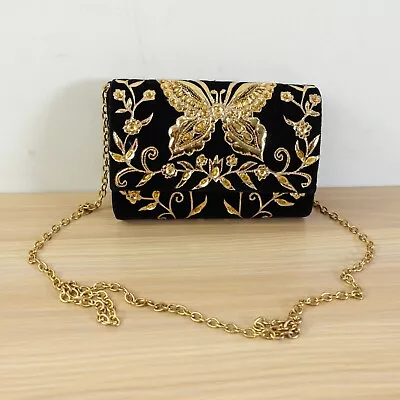 Vtg Black Bag Crossbody Purse Gold Chain Butterfly Embroidered Evening Clutch • $78.88