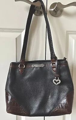 Vintage Brighton Handbag Purse Black & Brown Leather Silver Braided Straps • $21