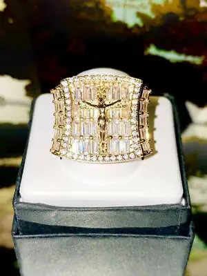 BAGUETTE JESUS Men's Bling Ring Ice Out 2.5ct Iced CZ Out 14k Gold Rings 6-12 • $40