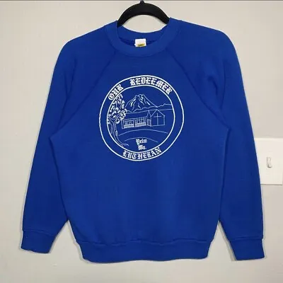 Vintage 80s “Our Redeemer” Church Blue Crewneck Raglan Sweatshirt Size Small • $20
